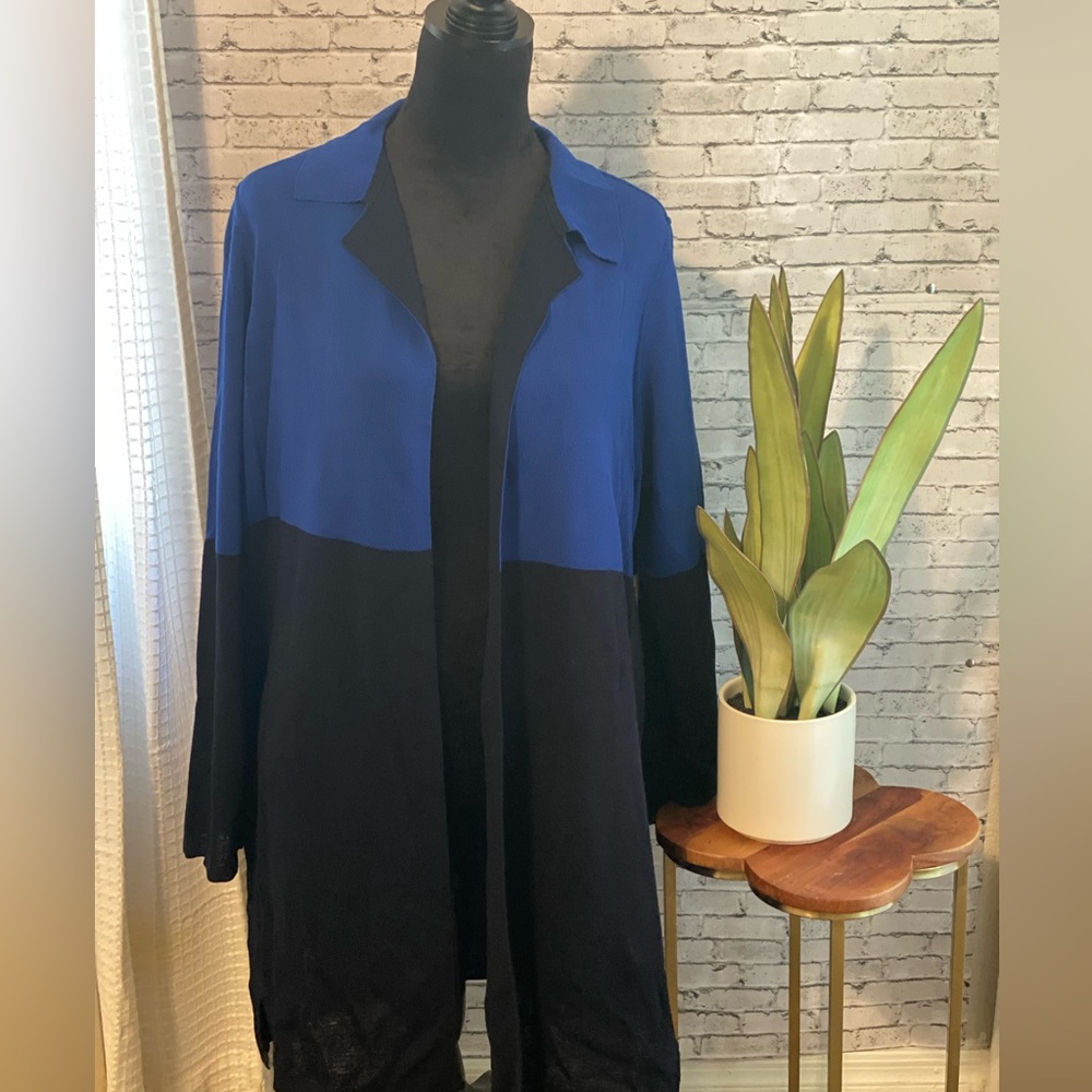 Navy and Royal blue color block sweater/jacket. Chico’s size 3.